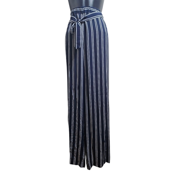 Michael Kors Blue White Striped Wide Leg Flowy Pants w Belt Boho Chic Medium - Picture 1 of 11